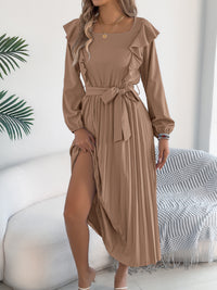 Women's Elegant Ruffle Trim Square Neck Long Sleeve Tie Waist Pleated Dress