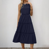 Simple Solid-Color Pleated Ruffle-Trimmed Sleeveless Dress