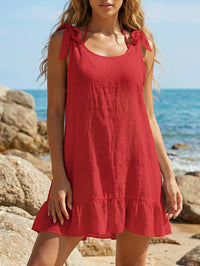 Womens Solid-Colored Ruffle-Trimmed Patchwork Lace-Up Dress