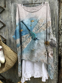 Womens Embroidered Loose Linen Top With Long Sleeves