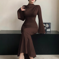 Figure-flattering, Elegant All-match Flared-sleeve Mock-neck Sheath Maxi Dress