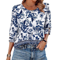 Women's Printed Elegant 34 Sleeves Round Neck T-shirt With Buttons