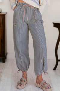 New High-waisted Casual Striped Print Tie Straight Pants