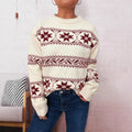 Holiday Christmas Sweater With Snowflake Jacquard Contrasting Colors And Crew Neck