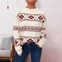 Holiday Christmas Sweater With Snowflake Jacquard Contrasting Colors And Crew Neck