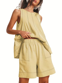 Solid-Color Elegant Crew-Neck Tank Top And Wide-Leg Shorts Set For Women