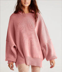 Thick Needle Side Slit Sweater Round Neck Loose Solid Color Batwing Long Sleeve Sweater For Women