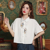 Women's Summer Loose Chinese Style Embroidery Short Shirt Top