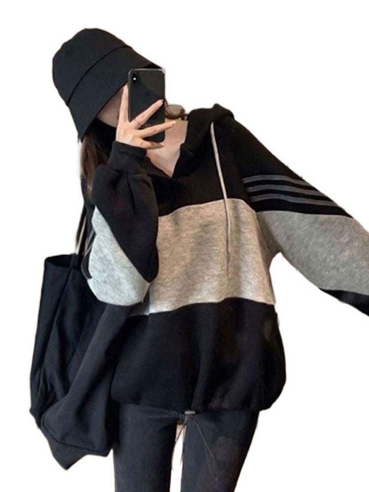 Korean Style Stitching Hooded Loose Pullover Top