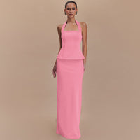 Solid-color Halter Top Sexy Open-back Figure-hugging