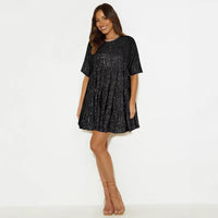 Round-neck Sexy Fashion Sequin A-line Skirt Short Dress