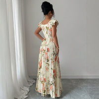 Printed Flutter Sleeve Defined Waist Pleated Dress