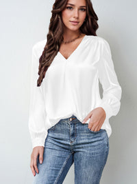 Satin Pleated Long-sleeved Top V-neck Casual Loose Shirt