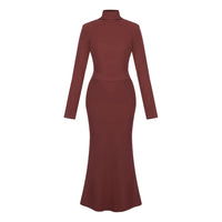Womens Elegant High-Neck Slim-Fit Long-Sleeve Knitted Dress