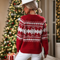 Trendy Round Neck Red Knitted Christmas Snowflake Sweater