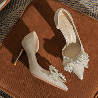 Women's Stiletto Heel Pointed Toe Side Empty Rhinestone Bow Pumps