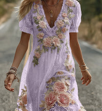 Womens 3D-printed Plant And Floral Retro Elegant V-neck Maxi Dress