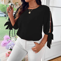 Women's Solid Color Woven Off-shoulder Pearl Tie Casual Shirt