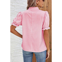 Pullover V-neck Ruffle Sleeve Top Women's Striped Chiffon Shirt
