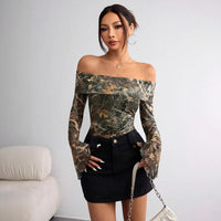 Mesh Printed Off-shoulder Long Sleeved Fitted T-shirt Top