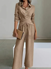 Women's Elegant Shirt Top And Wide-Leg Pants Two-Piece Set