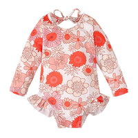 Girl's Pattern Graphic Print Crew Neck Open Back Swimsuit