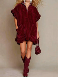 Short-sleeve Double-pocket Dress With Zipper And Ruffled Hem, A-line Womens Outfit