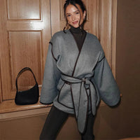 Elegant Retro Gray Women's Short Belt Overcoat