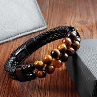 Men's Stainless Steel Leather Braided Handmade Multi-Layer Bracelet