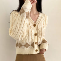 Plaid Hemp Pattern V-neck Single Breasted Cardigan Top