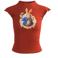 Red Half Turtleneck Rabbit Printed Vest T-shirt