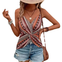 New European And American-style Ethnic Retro Italian Spaghetti Chain Print Knotted Sexy V-neck Camisole