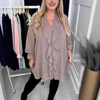 Women's Solid Color Loose Lotus Leaf V-neck Long Sleeve Shirt