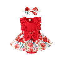 Girls' Lace Edge Sunken Stripe Sleeveless Stitching Flower Print Romper