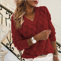 Knitted Sweater With Feather Detailing Hollow Out Design V Neck And Long Sleeves