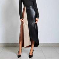 PU Colorblock Leather Skirt High-Waisted Zipper Midi Skirt