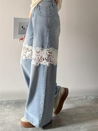 Women's Light Wash Lace Insert Wide Leg Jeans