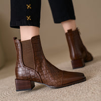 Retro Woven Square-toe Chunky-heel Womens Full-grain Leather  Boots With Elastic Side Panels