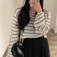 Off-neck Striped Ice Silk Sweater Loose Thin Type Sunscreen Blouse