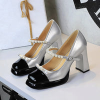 French Retro Style Color-Block Square-Toe Chunky Heel Shoes For Women