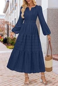 V-neck, Waist-cinched, Layered Puffed-sleeve Dress Fashionable Ruffled Maxi Skirt