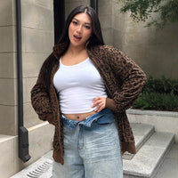 Casual Leopard Print Corduroy Zip-up Long Sleeve Sweatshirt For Women