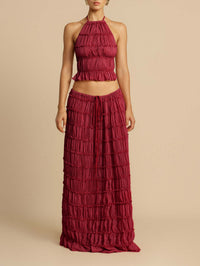 Resort-Style Halterneck Pleated Cami Top & Midi Skirt Two-Piece Set For Women
