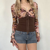 Floral Butterfly Print V-Neck Lace-Up Long-Sleeve T-Shirt