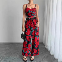 Sexy Backless Halter V-Neck Short Tank Top With Drawstring High-Waist Straight-Leg Pants