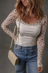 White Floral Lace Patchwork Square Neck Long Sleeve Top