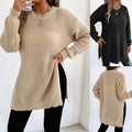 Crew-neck Pullover Slit Design Machine-knit Casual Sweater