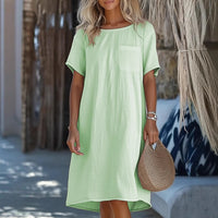 New Womens Casual Solid-color Multi-color Short-sleeve Crew-neck Pocket Dress
