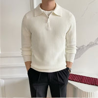 Turn-down Collar Knitted Polo Sweater With Thermal Ribbed Design