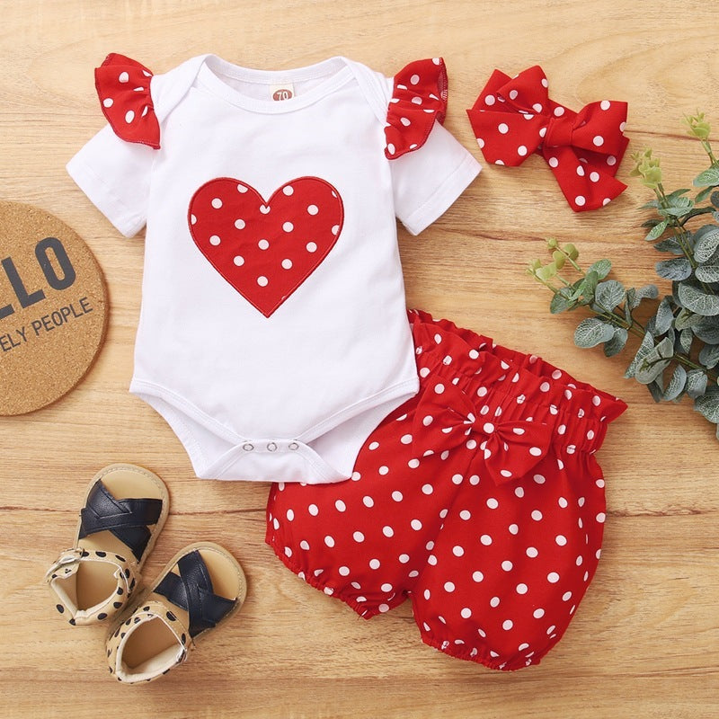 Children's Love Short Sleeves And Dots Headscarf Pajamas